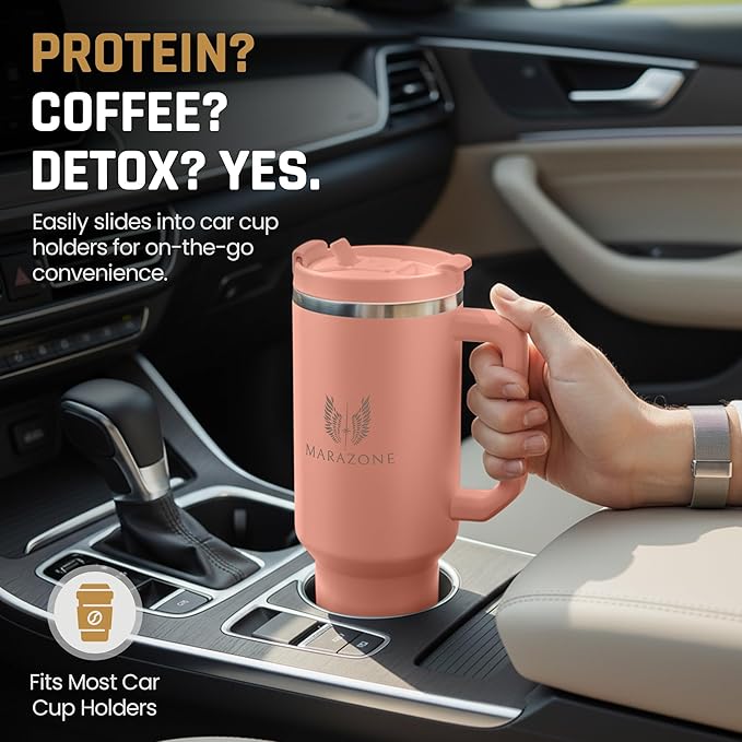40 oz Insulated Tumbler with Handle and Straw – Double Wall Stainless Steel Vacuum Cup | Car Cup Holder Fit | Hot Cold Travel Mug | BPA Free Reusable Water Bottle Gift for Her (Sunset Pink)