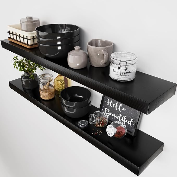 BAOBAB WORKSHOP Wood Floating Shelves for Wall 36 Inches Long - Heavy Duty Wall Shelf for Bedroom, Solid Wooden Bathroom Shelves Large 36 Inch Kitchen Farmhouse - Black Shelf, 36W × 6.7D, Set of 2