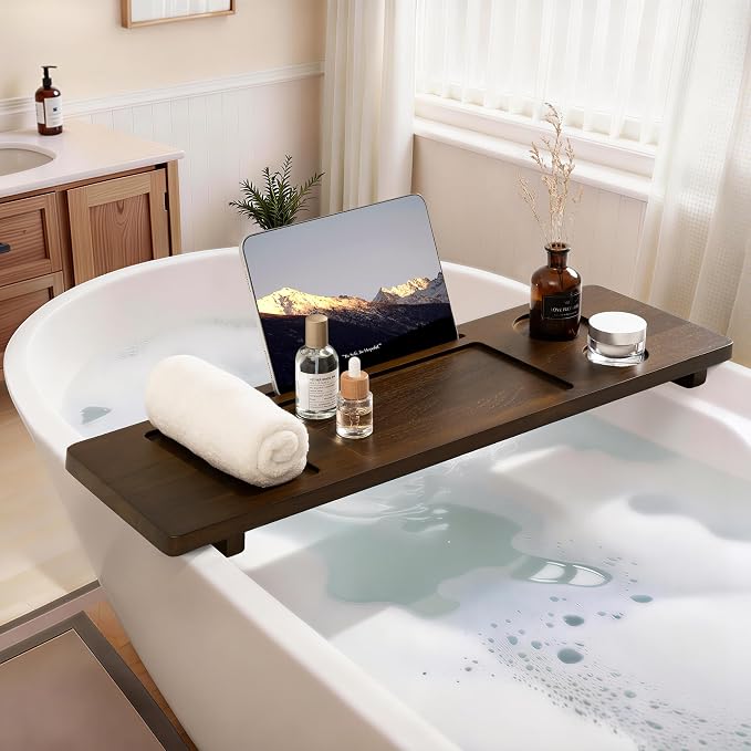 Teak Bathtub Tray - Wood Bath Caddy Tray 29" for Small Tubs - Adjustable Bathtub Table Trays - Luxury Shower Organizer for Home Spa Relaxation and Reading - Dark Walnut Color
