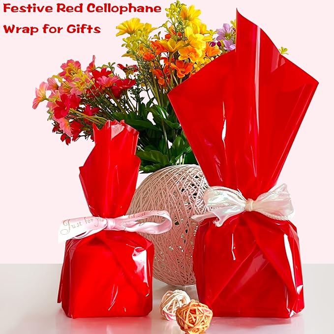 100 ftx34 in Extra Wide Red Cellophane Wrap, Translucent Festive Red Cellophane Wrapping Paper for Gift Baskets, Colored Cellophane Wrap Roll for Treats, Cookies, Holiday, Christmas Decoration