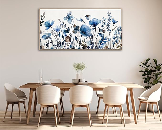 VEAEE Floral Wall Art, Abstract Indigo Flowers Canvas Pictures, Living Room Wall Decor, Modern Landscape Painting, Botanical Grass Artwork for Bedroom Bathroom Kitchen Office Wall Decor 29"x 58"