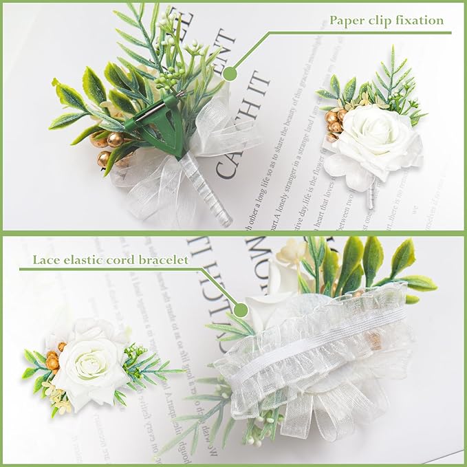 2 Pcs White Wrist Corsage and Boutonniere Set, Rose Corsage Hand for Women, Boutonniere for Men Wedding Flowers Accessories Prom Decor Party Suit Decoration (White)