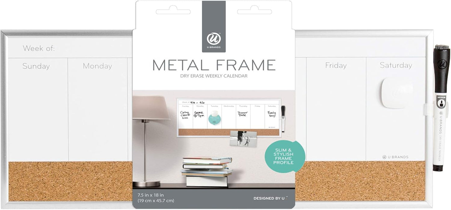 U Brands Magnetic Dry Erase Weekly Calendar | 18" x 7.5" with Cork Strip & Silver Frame