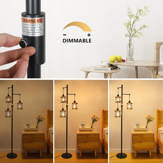 Vintage Wood Floor Lamp for Bedroom, Dimmable Floor Lamps for Living Room, Industrial Standing Lamp Farmhouse Tall Lamp for Office Home, Rustic Corner Floor Lamp Metal Black Pole Lamp