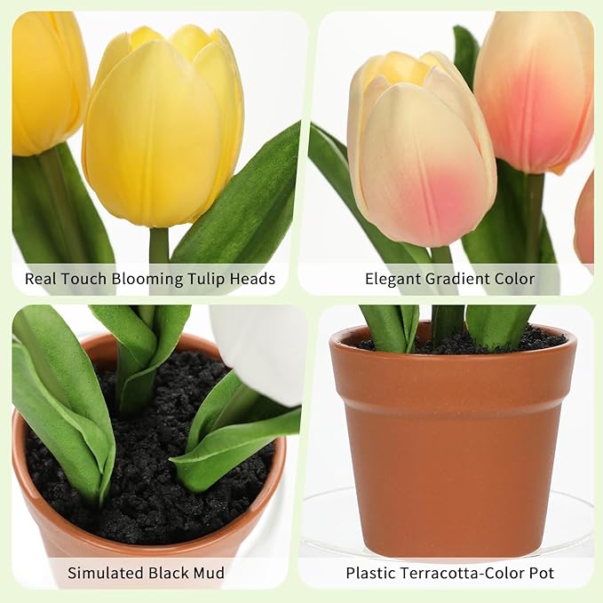 Artificial Tulip Arrangement with Terracotta-Like Plastic Pot 8 Inch Small Tulip Centerpieces Fake Potted Tulip for Valentine's Day Table Centerpiece Wedding Home Decor