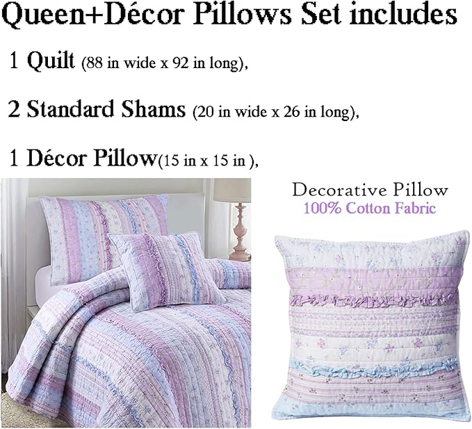 Cozy Line Home Fashions Shabby Chic Romantic Lace Purple Blue Floral Cotton Bedding Quilt Set, Reversible Coverlet, Bedspread (Lavender, Queen-4 Piece: 1 Quilt+2 Shams+1 Decor Pillow)