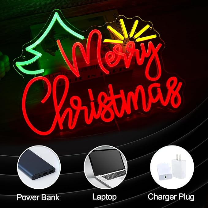 Merry Christmas Neon Sign USB Power Sunshine Light Up Sign Dimmable Christmas Tree Led Neon Light for Christmas Party New Year Home Wall Decor (Dimmable USB)