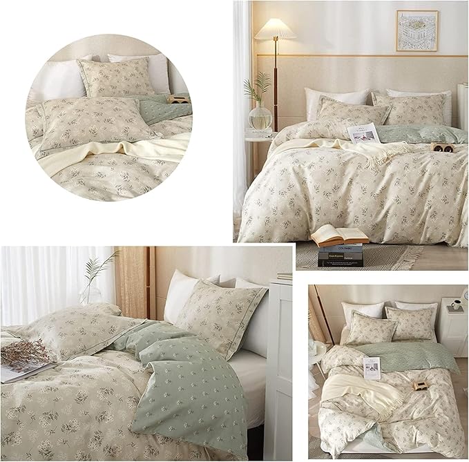 LifeTB Boho Floral Duvet Cover Twin XL Cotton Aesthetic Floral Bedding Sets Vintage Garden Floral Comforter Cover Beige Sage Green Floral Botanical Duvet Cover with Zipper Closure 4 Ties