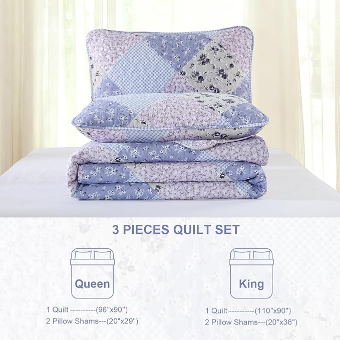 Dinjoy Floral Plaid Patchwork Quilt Set King Size, Reversible Lavender Bedding Set Soft Microfiber Lightweight Bedspread Coverlet 3 Piece Fall Autumn Summer Use (110x90 inches)