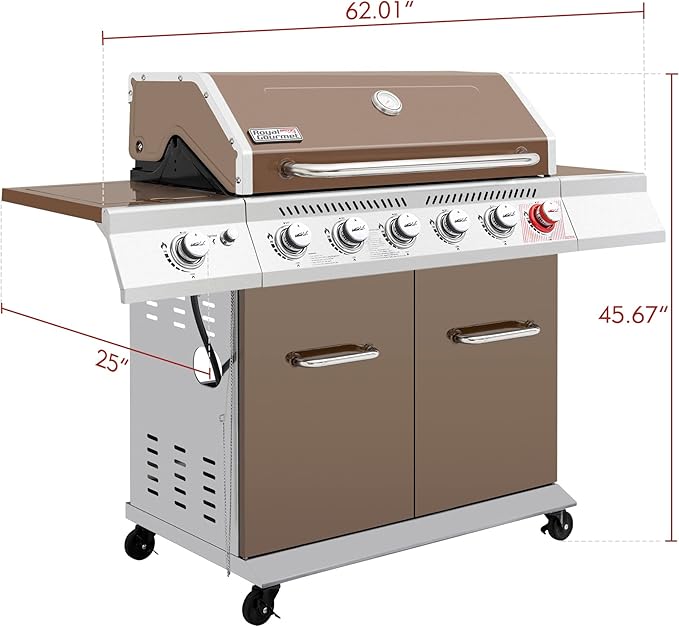 Royal Gourmet GA6402C 6-Burner Propane Gas Grill with Sear Burner and Side Burner, 74,000 BTUs, Cabinet Style Outdoor BBQ Grill for Barbecue Grilling & Backyard Cooking, Coffee