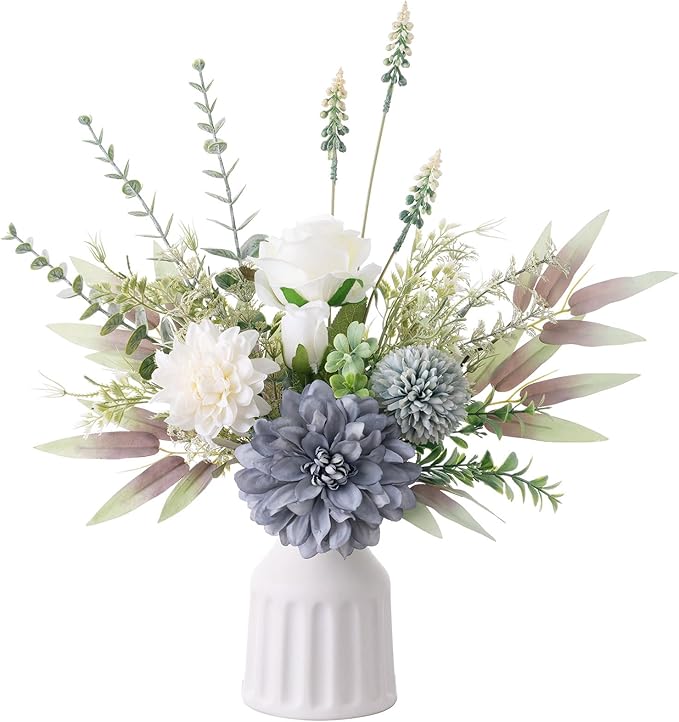 Fake Flowers in Vase, Artificial Flowers with Vase, 15.7'' Floral Arrangements for Dining Table Centerpiece Decor, Silk Roses & Faux Dahlia Bouquet for Farmfouse Kitchen Coffee Table Decor (Blue)