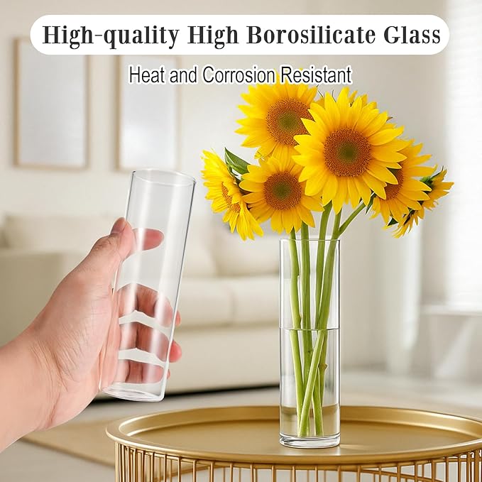 16 Pack 5.9" Tall x 1.8" Diameter Clear Glass Cylinder Vases - Multi-Use Flower Vase, Hurricane & Floating Candle Holders for Wedding Centerpieces, Home Decor, Table Displays