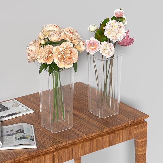 Sadstory Acrylic Tall Square Flower Vases, Clear Plastic Table Vases for Centerpieces, 6 Packs