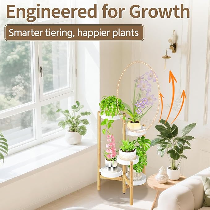 LASZOLA Bamboo White 5 Tier Heavy Duty Plant Stand Indoor, Tall Multiple Level Vertical Planter Rack for Modern Narrow Corner, Slim Spiral Flower Holder Organizer Display for House Decor, Plastic Tray