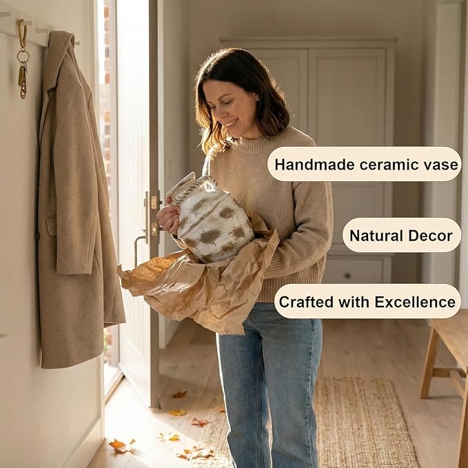 Rustic Ceramic Flower Vase Home Decor, 11 inch Large Pottery Decorative Vase for Centerpieces, Modern Farmhouse Vintage Vase for Dining Table, Living Room,Kitchen, Shelf (Round)