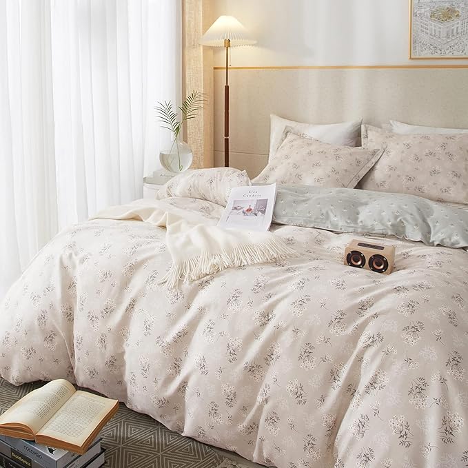 HighBuy Boho Floral Duvet Cover Full Cotton Aesthetic Bedding Set,Comforter Cover 3 Piece,Reversible Green Garden Lightweight,Soft,Zipper Closure,Breathable,All Season
