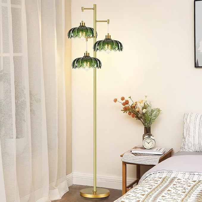 ILLMTW Glass Gold Floor Lamp for Living Room,Bedroom,Mid Century Modern Standing Lamp Brass Tree 3 Light Tall Floor Lamps Vintage Retro Floor Lights Green Flower Lamp Shade Farmhouse Boho Bohemian