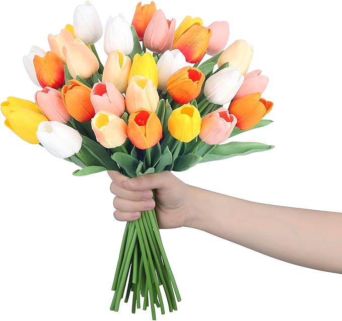 20pcs 14" Tulips Artificial Flowers for Real Touch Fake Tulips Slik Faux Flowers for Summer Wedding Bouquet Spring Easter Mother's Day Decor (5 Color)