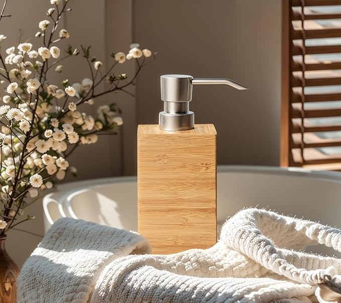 Clasin Home Bamboo Soap Dispenser with Anti-Slip Pads and Stylish Horizontal Wood Grain, Hand Dispenser for Bathroom, Kitchen, Dish, Lotion, Shampoo, Liquid Soap (7 Oz)