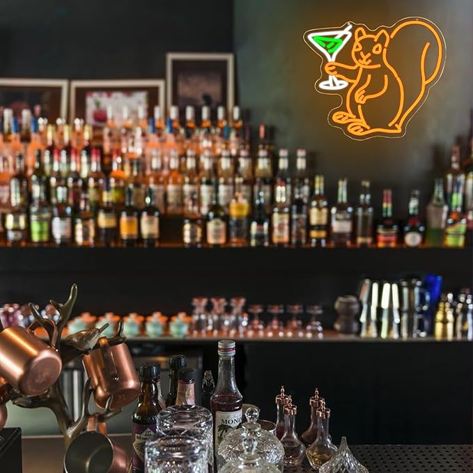Squirrel Drinking Martini Neon Sign for Wall Decor Cocktail Martini Neon Light Squirrel LED Light Animal Neon Lights for Room Wall Decor Bar Club Neon Light Game Room