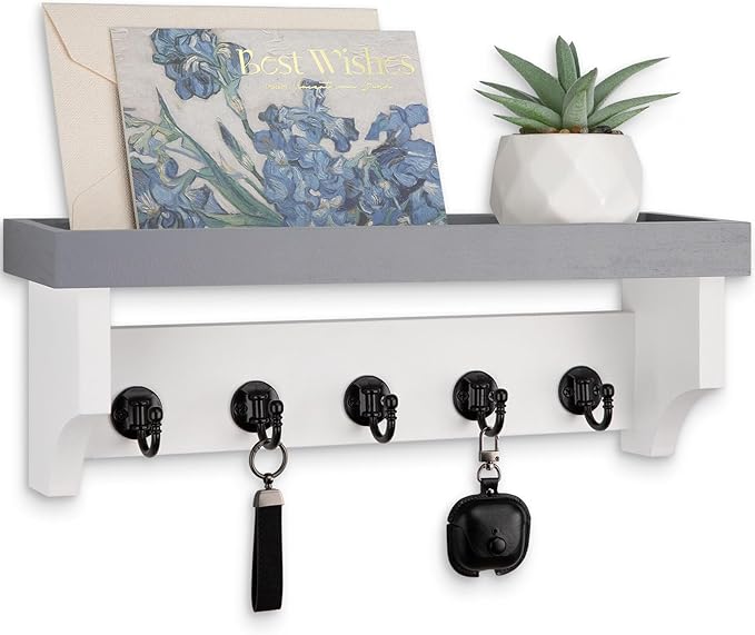 Lucundm Key and Mail Holder Wall Mount, Key Holder with Shelf and Mail Organizer Wall Mount. Mail Holder with 5 Hooks for Coat, Dog Leash, Home Decor Rack, Entry Way Organizer (Gray & White)
