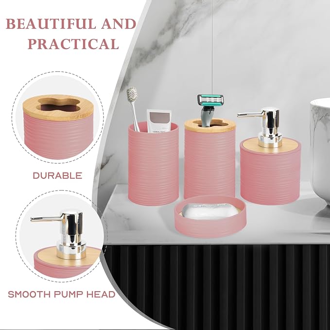 4 Pieces Bamboo Bathroom Accessories Set, Bathroom Accessory Set with Soap Dispenser and Toothbrush Holder, Soap Dish and Toothbrush Cup, Boho Bathroom Decor(LightPink)