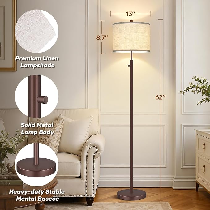 Nintiue 【Upgraded】 Dimmable Floor Lamp for Living Room, 11W LED Bulb Included, Modern Standing Lamp, Tall Pole Light with Linen Shade for Bedroom Reading Office Corner Nursery-Matte Brown