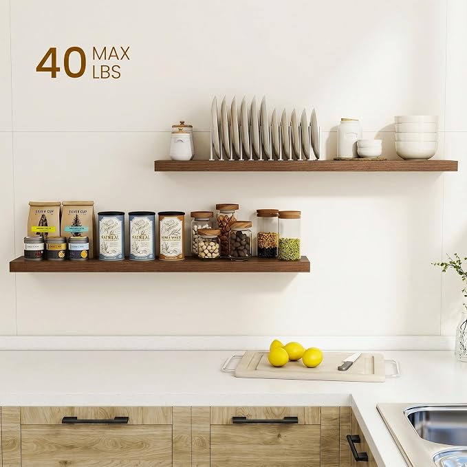 Dreamland 40Inch Floating Shelves for Wall, Rustic Wooden Walnut Floating Shelves for Living Room, Kitchen, Farmhouse, Deep Wall Mounted Book Shelf, Wood Storage Display Shelf for Home Decor, Set of 2