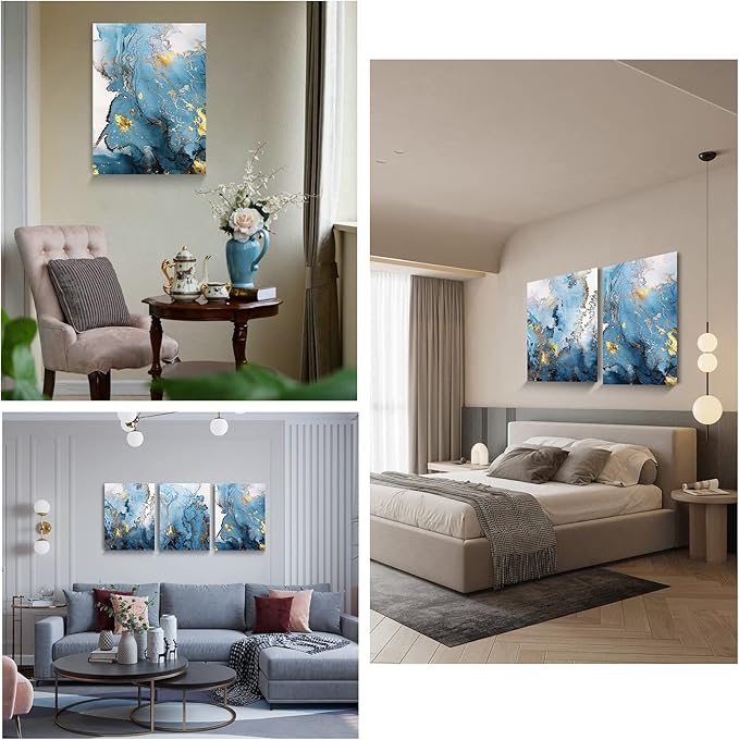 SERIMINO Blue Abstract Canvas Wall Art for Living Room, Navy and Gold Fluid Marble Wall Decor for Bedroom, Bathroom, Office, Home Decor, Set of 3 Print Painting, 12"X16"