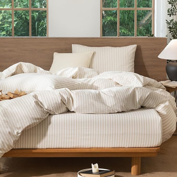 MooMee Striped Duvet Cover Set 100% Washed Cotton Linen Like Textured Breathable Durable Soft Comfy (Almond Milk Grey Classic Stripes, Super King Plus 120"x120")