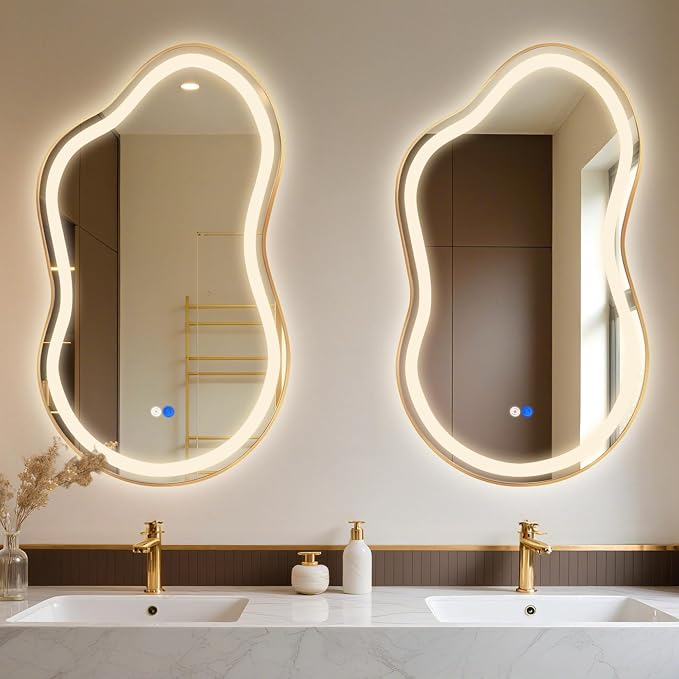 Irregular LED Bathroom Mirror with Lights, Cloud Smart Backlit Mirror, Dimmable Lighted Bathroom Gold Mirror with Anti-Fog, Asymmetrical Vanity Mirror Hangable 2 Ways (Gold, 20 x 36, 1 Pack)