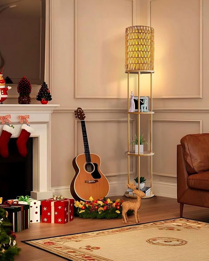 Lightdot 61" Rattan Floor Lamp with Shelves, 3-Tier Storage Shelves with 3000K Bulb Included, Solid Wood Design, Corner Bookshelf Floor Lamps for Living Room/Sofa Beside/Corner Decor-Gold
