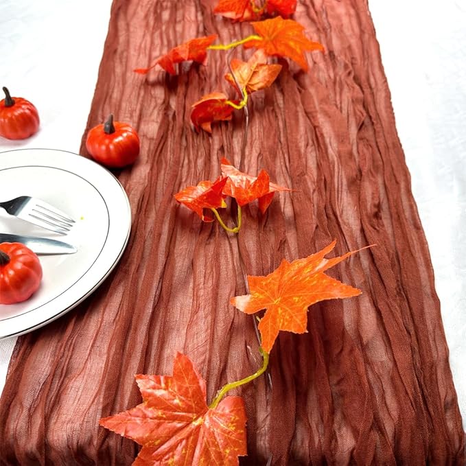 Booque Valley Fall Table Runner 3 Pack Terracotta Cheesecloth 10ft Soft Boho Wrinkled Decorative Gauze Sheer for Autumn Thanksgiving Holiday Party Centerpiece Decoration Table Decor, 35x120 Inch