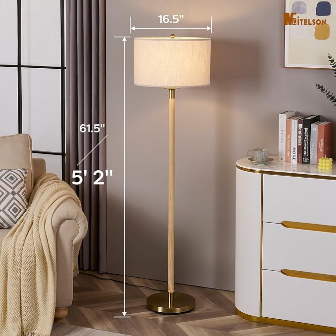 Floor Lamp, Modern Lamp with Dimmer Switch and Bulb, Mid Century Lamp with Linen Shade, Great Living Room Décor, Tall Lamp, Standing Lamp for Bedroom and Office, Natural Wood