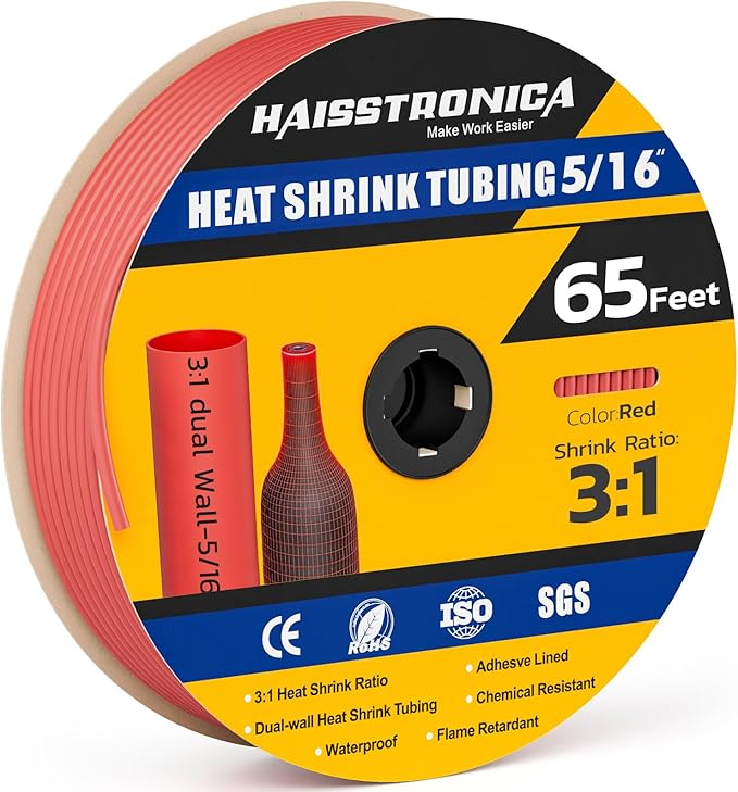 haisstronica 3:1 Heat Shrink Tubing, Shrink Ratio Adhesive Lined Marine Grade Heat Shrink Tube for Home, Automotive and Industrial (Red) 65FT 5/16inch