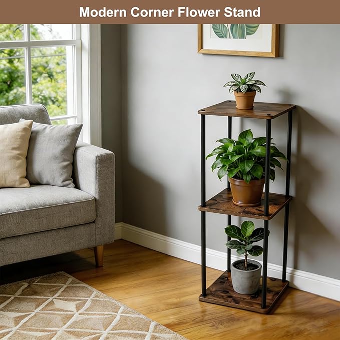 Vigordream Plant Stand Indoor Outdoor 3 Tier Metal Plant Shelf Tall Pedestal Stand Flower Pot Stands Multiple Planter Support Rack for Corner Living Room, Balcony, Garden Patio (Retro Brown, 34 INCH)