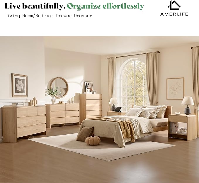 AMERLIFE 7 Drawer Dresser for Bedroom, 49" Wide Modern Chest of Storage Drawers with Rounded Corners, Anti-Tip Kit, Wood Cabinet Organizer for Closet, Apartment, Nursery, Easy Assembly, Light Oak