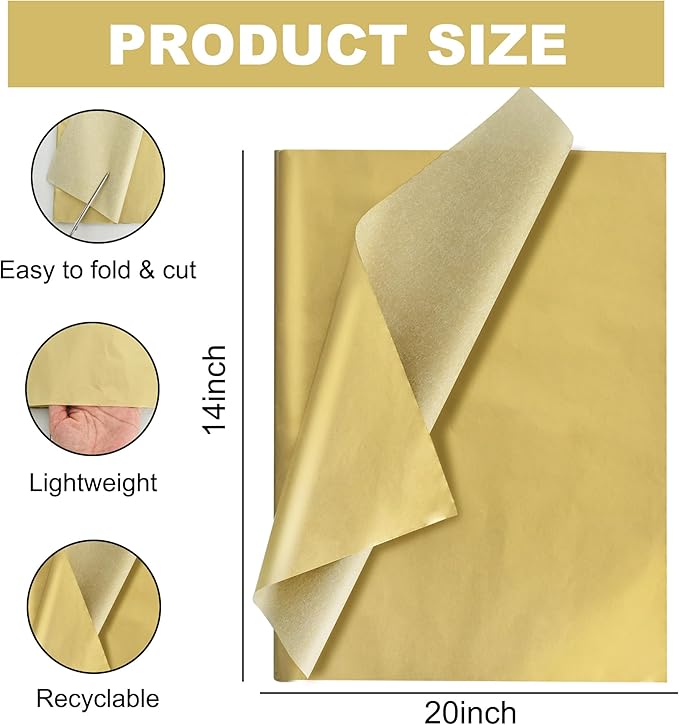 BEISHIDA 100 Sheets Gold Tissue Paper Bulk, Metallic Wrapping Tissue Paper for Gift Bags, 14 x 20 Inch Gift Wrap for Birthday Wedding Graduation DIY Crafts Holiday Flowers