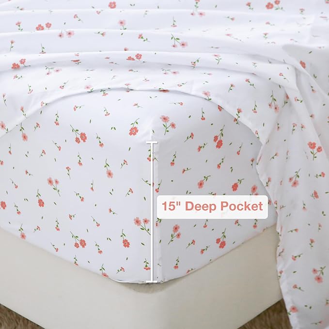 Softan Pink Floral Twin Size Sheet Set, 3 Pieces Single Bed Sheets for Girls, Cozy Microfiber Fitted Sheet with 15" Deep Pockets & Non-Slip Straps, Pink Flower Sheets & Pillowcase Set