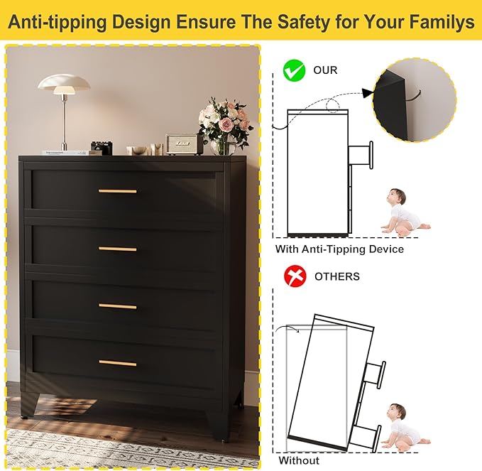 43.11" Tall Metal Dresser for Bedroom, 4 Drawer Black Dresser Chest with Gold Handles, Closet Dressers Chests with Fluted Panel, Vertical Storage Cabinet for Living Room, Entryway, Hallway