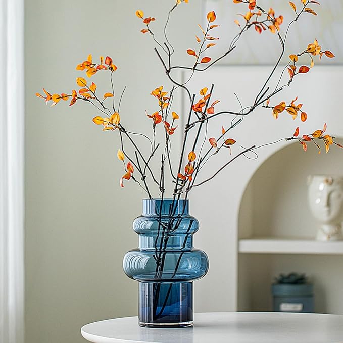 Clear Blue Bubble Glass Flower Vase, Modern Boho Ins Style Vase for Hydroponic Plants Bouquet, for Home Room Office Book Shelf Wedding Table Decor (W 6" X H 9.4")