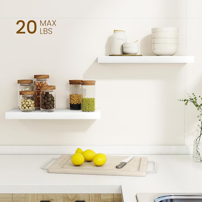 Dreamland Floating Shelves, 20Inch Rustic Wooden White Wall Shelves for Bathroom|Bedroom|Kitchen, Deep Wall Mounted Book Shelf, Wood Storage Display Shelf for Home Decor, Set of 2