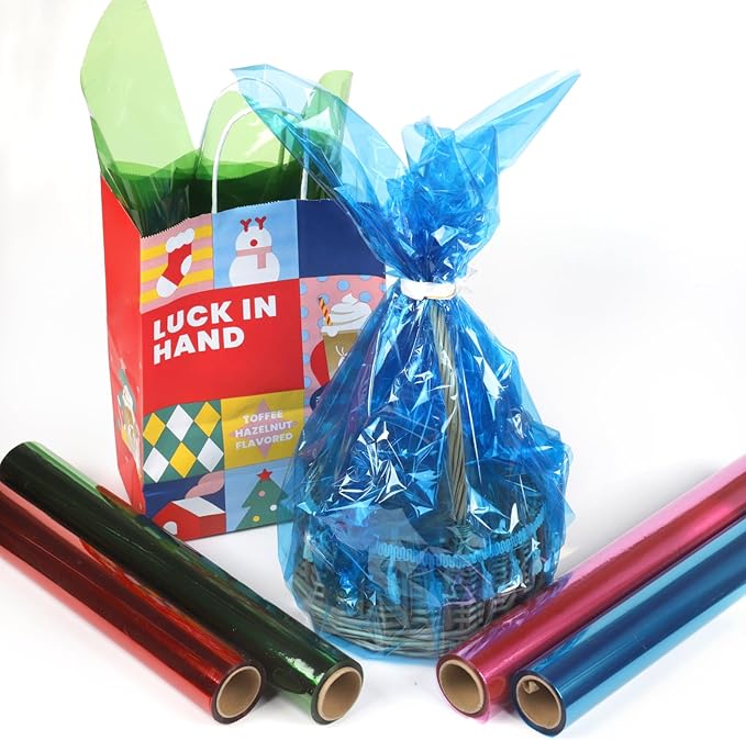Nitelemn 9 Colors Transparent Colored Cellophane Wrap, Cellophane Paper Roll for Gift Baskets, Treats Wrapping, DIY Arts Crafts Project Decoration(17” x 10ft x 9Rolls)