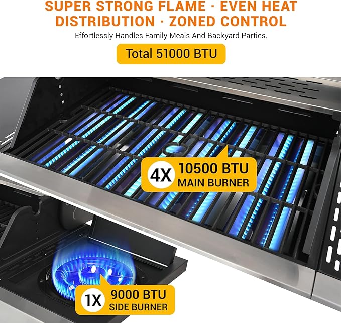 EUHOME Upgraded 51,000 BTU Stainless Steel Burner Barbecue Grill, 4 Burner BBQ Propane Gas Grill with Side Burner, 452 sq.in Cooking Area with Porcelain for Patio, Camping, Outdoor Cooking