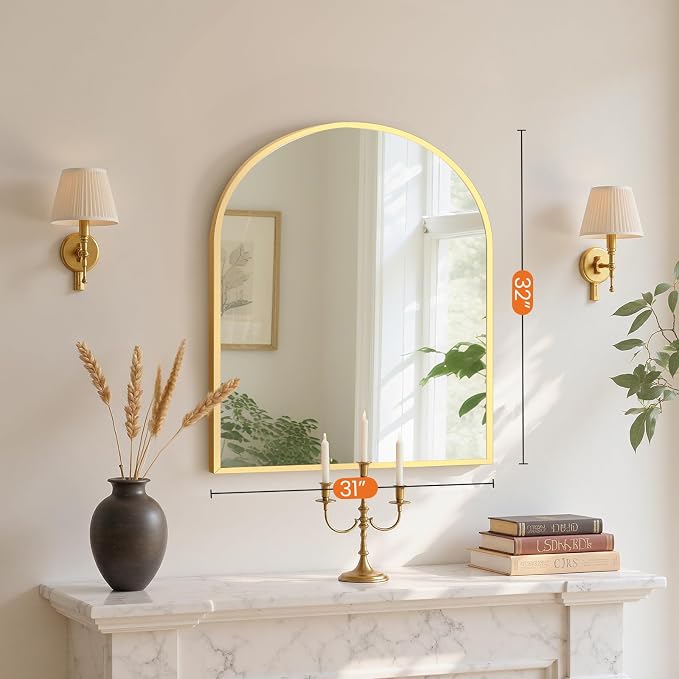 NEWBULIG 32X30 Inch Arched Bathroom Mirror for Wall, Vanity Bathroom Mirrors for Over Sink Tempered Glass, Anti-Rust Arched Metal Framed, Hangs Horizontally or Vertically, Farmhouse Home Decor, Gold