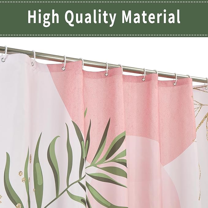 Boho Mid Century Shower Curtain, Pink Modern Minimalist Abstract Geometric Green Gold Plant Leaves Sun Arch Bathroom Curtains Waterproof Fabric Buthtub Curtain Set with Hooks 36" Wx72 L