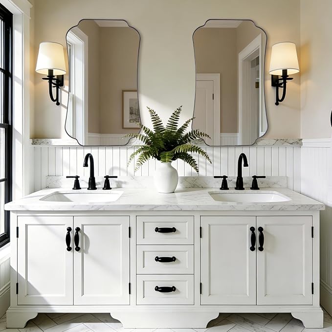 ANDY STAR Bathroom Vanity Mirror, 24x40 Matte Black Rectangle Mirror with Scalloped Round Corner, Vintage Metal Wall Mirror,Hangs Horizontal Or Vertical