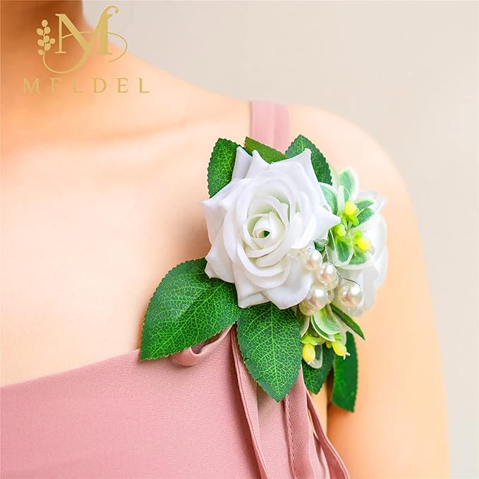 Meldel Boutonniere for Men Wedding Floral Shoulder Corsages, Set of 2,Groomsmen White Artificial Boutonnieres for Men Wedding Prom Best Man Corsage, Bride Bridal Bridesmaid Girl Prom Shoulder Flowers