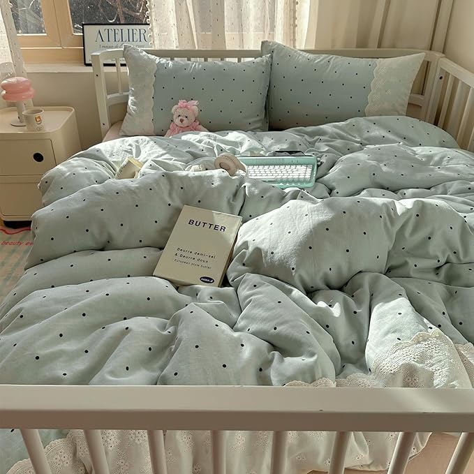 VM VOUGEMARKET Full Comforter Set 3 Pieces Romantic Lace Bedding Set Cute Black Polka Dots Comforter/Quilt for Teen Girls Students,Sage Green,80"x90"