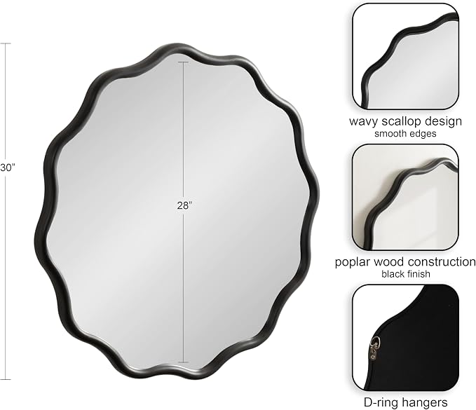 Kate and Laurel Talma Modern Round Scalloped Wall Mirror, 30 Inch Diameter, Black, Circle Mirror with Solid Poplar Wood Frame and Rounded Frame Profile